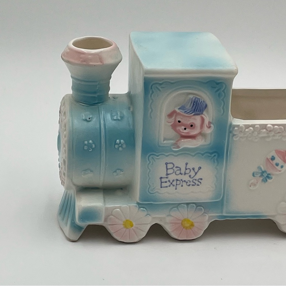 Vintage Napco Ceramic Planter Blue Baby Nursery Train Puppy Duck Rattle #6893